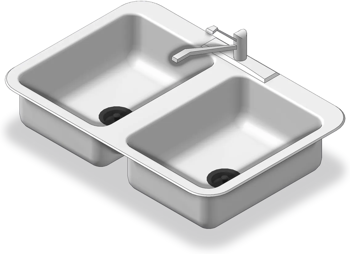 Double-bowl kitchen sink 3D model, 32″ × 22″ × 13″